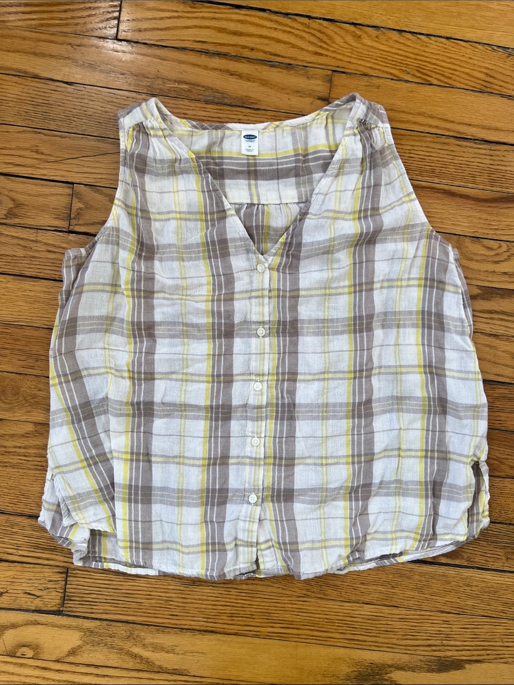 Old Navy Plaid Sleeveless Button-Front Tank - White, Brown & Yellow